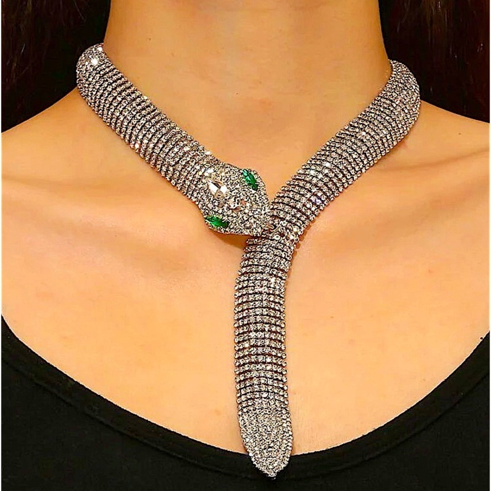 Silver Snake Crystal Choker Rhinestone Necklace